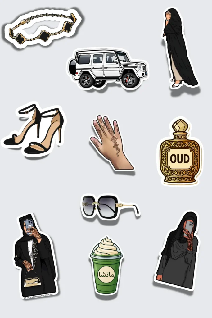 Sticker sheet featuring modern Khaleeji and Emirati women's lifestyle icons: oud, heels, abayas, G-Wagon, henna, and more — "Femirati" by Khaleejna.