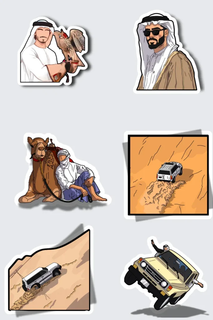Sticker sheet showing Emirati man with falcon, desert 4x4 scenes, camel rider, and Khaleeji man in bisht – part of the Rayaal collection.